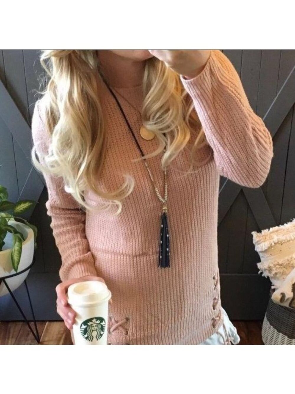 Settledown Blush Tie Front Knit Crewneck Sweater